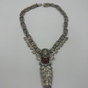 Heavy Sterling Silver Taxco Mexico Eagle Warrior Necklace Carved Amethyst Face